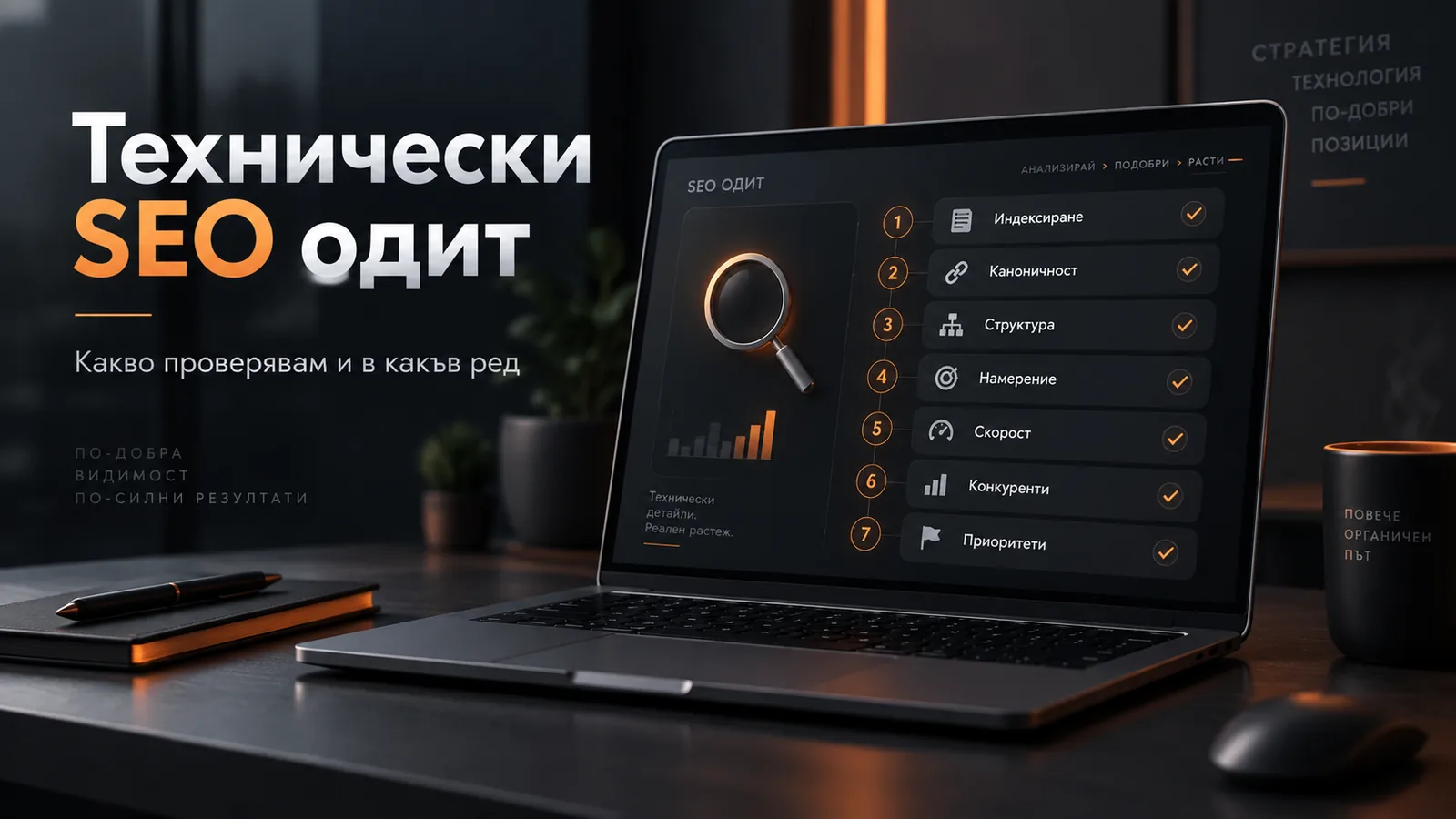 Седемте стъпки на технически SEO одит: индексиране, каноничност, структура, намерение, скорост, конкуренти и приоритети